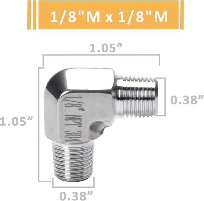 90 Degree Street Elbow - 1/8" NPT Male to 1/8" NPT Male Stainless Steel 304 Heavy Duty Forged Barstock Street Elbow Adapter Pipe Fitting (pack of 5)