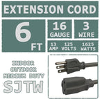Indoor Outdoor Extension Cord 6 FT Waterproof, 16/3 Gauge Heavy Duty Gray Extension Cords, 13A 1625W SJTW Extension Cord with 3 Prong Grounded Plug, Great for Tools, Lights, UL Listed.