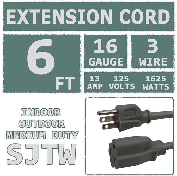 Indoor Outdoor Extension Cord 6 FT Waterproof, 16/3 Gauge Heavy Duty Gray Extension Cords, 13A 1625W SJTW Extension Cord with 3 Prong Grounded Plug, Great for Tools, Lights, UL Listed.