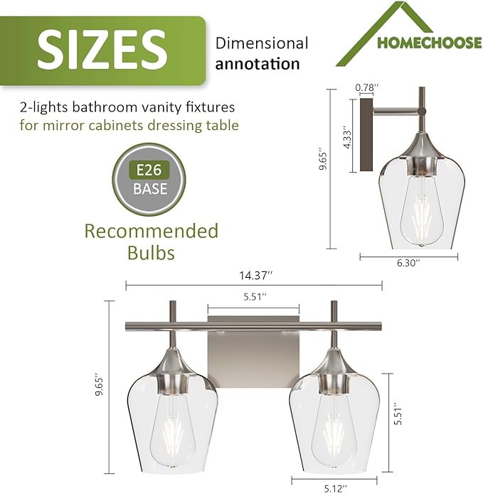 Vanity Bathroom Light, 2-Light Bathroom Light Fixtures Over Mirror, Silver Vanity Lights for Bathroom with Clear Glass, Modern Wall Lamp for Cabinet Hallway, Bedroom
