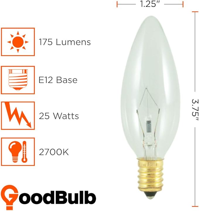GoodBulb 25 Watt Torpedo Candelabra Light Bulbs B10 Clear Finish E12 Base 2700K Soft White Light Dimmable 25W 175 Lumens Decorative Chandelier Bulbs Incandescent 12 Bulbs Pack