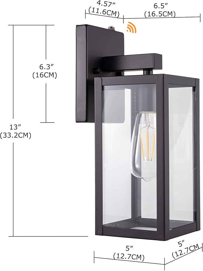 GRUENLICH Dusk to Dawn Large Outdoor Wall Lantern, Wall Sconce as Porch Lighting Fixture, E26 Base Max 60W, Metal Housing with Glass Shade (Black, 2-Pack)