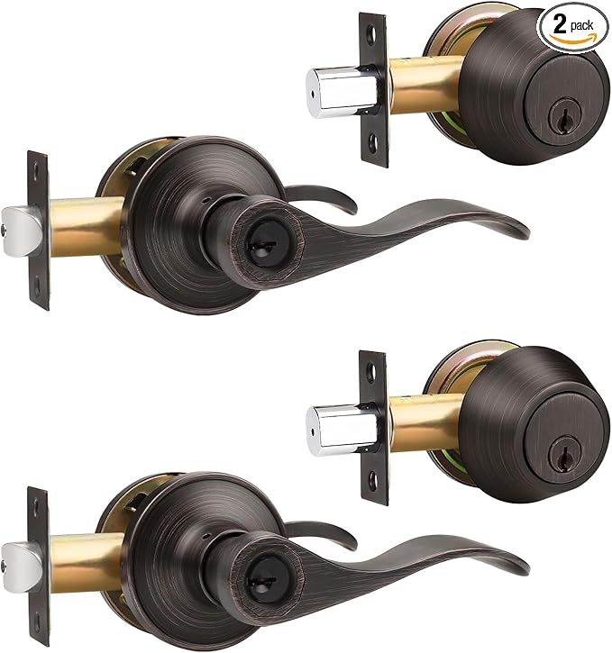 Gobrico Oil Rubbed Bronze Keyed-Alike Door Levers and Single Cylinder Deadbolts Combination Locksets, 2 Pack Front/Entry Handleset with Same Key, Reversible Wave Handles for Exterior Doors