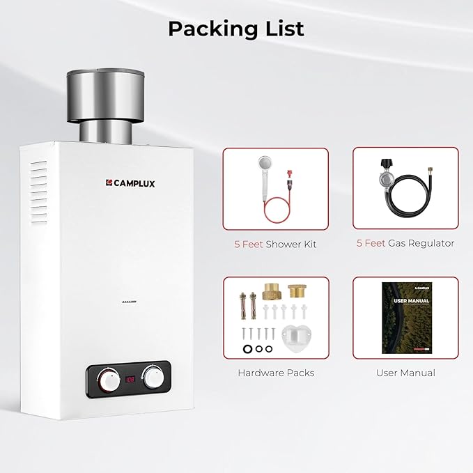 CAMPLUX 2.64 GPM Portable Tankless Water Heater, Outdoor Propane Water Heater with 4.33" S/S Rain Cap, for Camping, Cabin, Windproof Design, 68,000 BTU, BD264C