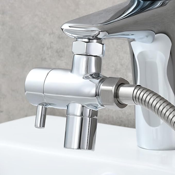 3 Way Shower Diverter - Solid Brass, Sink Valve Faucet Splitter for Kitchen or Bathroom, M22-M24, M22-G1/2 Adaptor, Silver