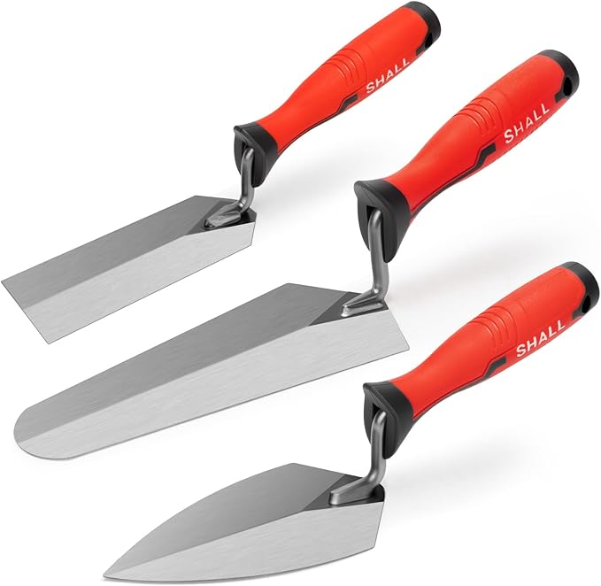 SHALL 3-Piece Masonry Tools Set, 6’’ Margin Trowel, 5.5’’ Pointing and 7’’ Gauging Trowel with Soft Grip Handle, Bricklaying Hand Tool for Concrete, Cement, Plaster, Tile Construction Projects