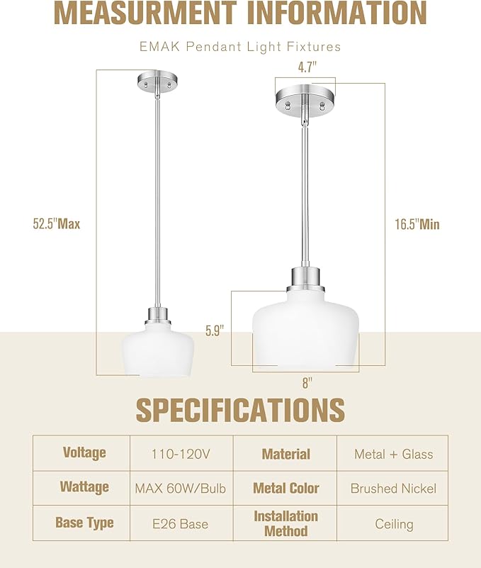 Emak 2 Pack Brushed Nickel Pendant Light Fixtures, 8 Inch Milk Glass Pendant Lights Kitchen Island, Modern Island Lights for Kitchen, Dining Room, Bathroom, PL122-BN-ML-2PK