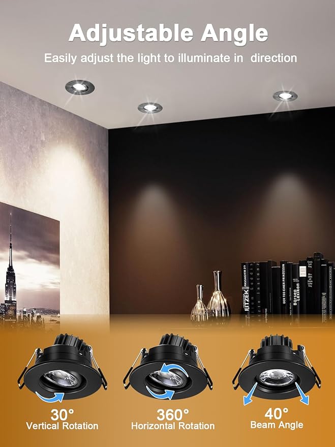 Canless Recessed Gimbal Downlight Rotatable-Spotlight 5 CCT 3 Inch Eyeball Ceilling Potlight, Dimmable Recessed Lights Fixture with Junction Box, 8W CCT Adjustable, Black Round Trim, 6 Pack