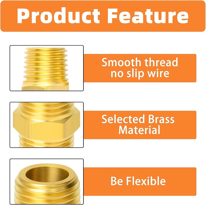 GASHER 5PC Brass Pipe Fitting, Reducing Hex Nipple, 3/4-Inch Male Pipe x 3/4-Inch Male Pipe