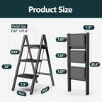 WOA WOA 3 Step Ladder, Folding Step Stool with Non-Slip Pedals, Portable Stepping Stool for Adults, Sturdy Steel Ladder, Space Saving for Home, Anti Skid Feet, Support 330lbs - Black