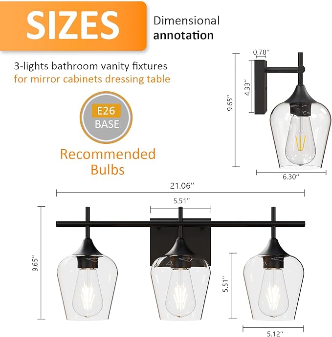 Vanity Bathroom Light, 3-Light Bathroom Light Fixtures Over Mirror, Black Vanity Lights for Bathroom with Clear Glass, Modern Wall Lamp for Cabinet Hallway, Bedroom