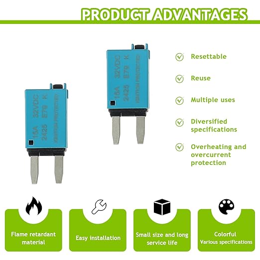 15A DC 12V-32V Manual Reset Circuit Breaker ATM Low Profile T1 Mini Blade Fuses Breakers for Car Trucks Marine Boat RV Solar and More,2 Pack