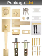 2 Sets Entry Door Handle and Single Cylinder Deadbolt Lock and Key Combo Pack - Heavy Duty Square Locking Lever Set - Interior/Exterior Door Levers in Satin Brass Finish