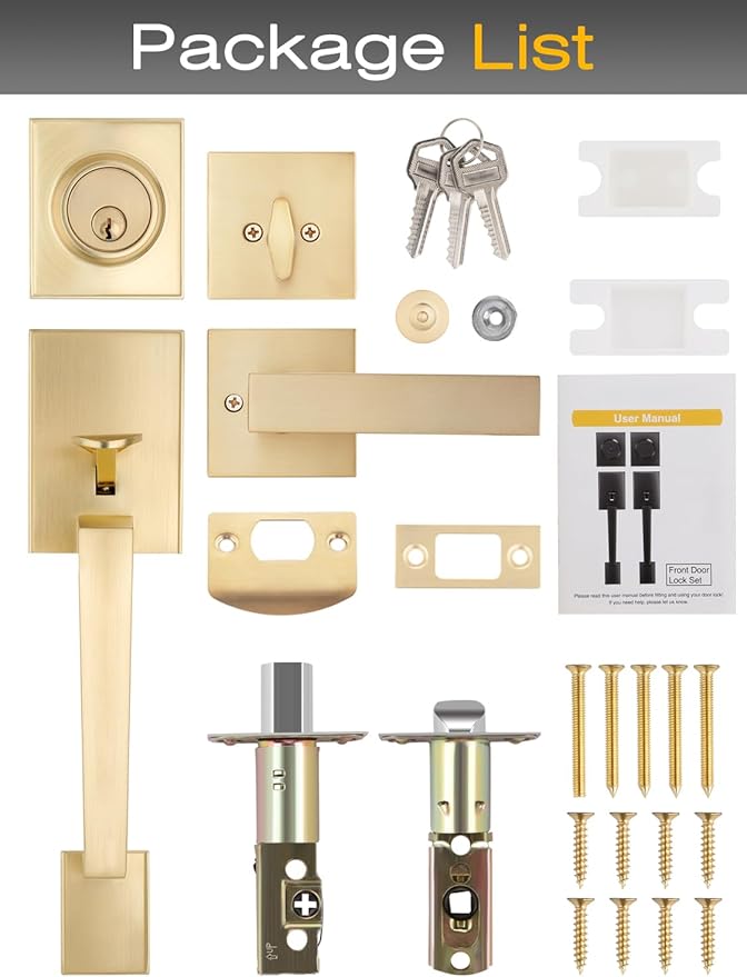 1 Set Entry Door Handle and Single Cylinder Deadbolt Lock and Key, Brass Front Door Lock - Heavy Duty Square Locking Lever Set - Exterior Door Handle in Satin Brass Finish