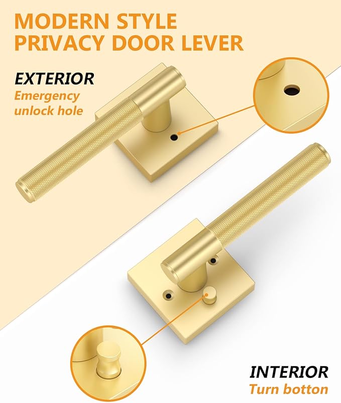Asidrama 1 Pack Gold Privacy Door Handles, Door Lever with Door Knobs Indoor for Bedroom or Bathroom, Heavy Duty Door Handles Interior with Locks for Left Right Sided Doors
