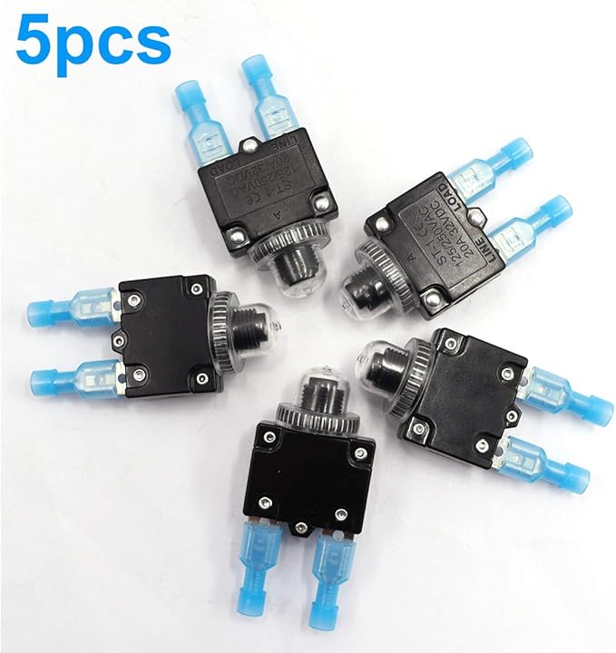 mxuteuk 5Pcs 12Amp Circuit Breakers Push Button Manual Reset 125/250V AC 32V DC,Overload Protector Switch Thermal Circuit Breakers with Quick Connect Terminals and Waterproof Button Caps ST1-5-12A