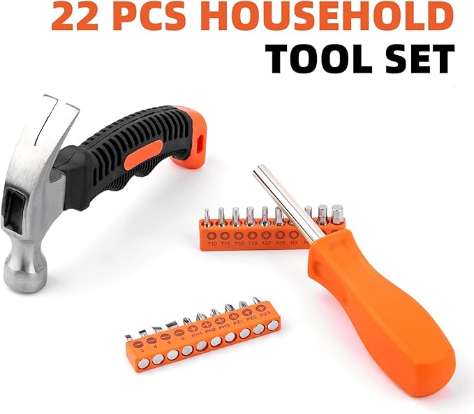 Tool Set, 22 Piece Household Hand Tool Kit, Convenient or Home, Garage, Office and Dorm Use - Essential Tools for the Whole Family, Orange