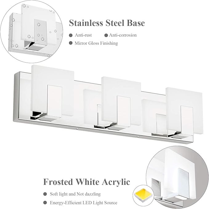 Aipsun 3 Lights Dimmable Modern LED Vanity Light for Bathroom Frosted White Acrylic Chrome Up and Down Bathroom Wall Light Fixtures Over Mirror(White Light 6000K)