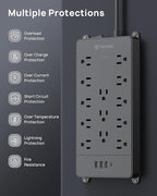 TROND Surge Protector Power Strip, 4000 Joules, ETL Listed, 13 Widely-Spaced Outlets Expansion with USB C Ports, Low-Profile Flat Plug, Wall Mountable, 5ft Extension Cord, 14AWG Heavy Duty, Black