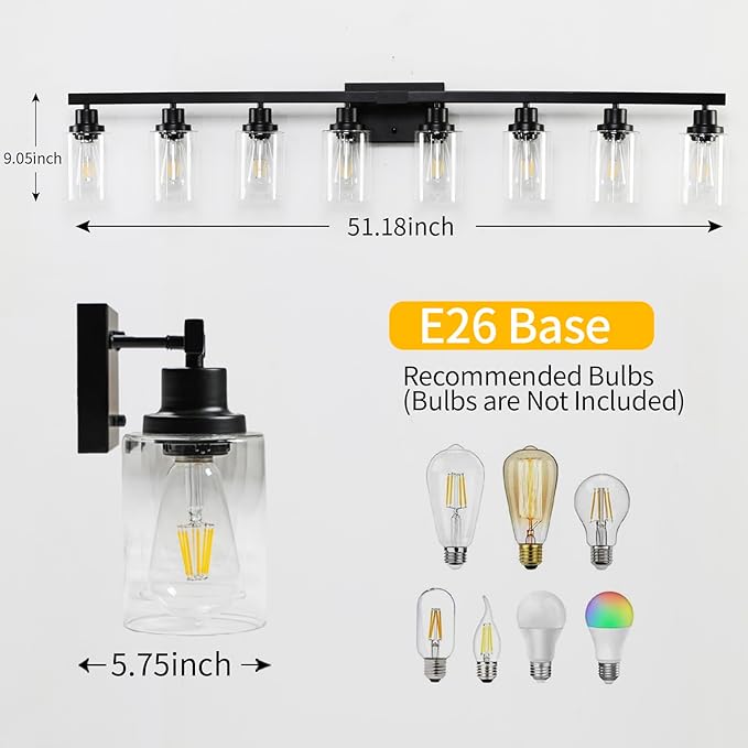 8 Light Bathroom Vanity Lights Over Mirror, 52inch Black Vanity Lights Fixtures Matte Black Modern Vanity Lights Black Bathroom Wall Lighting for Mirror Bedroom,Living Room