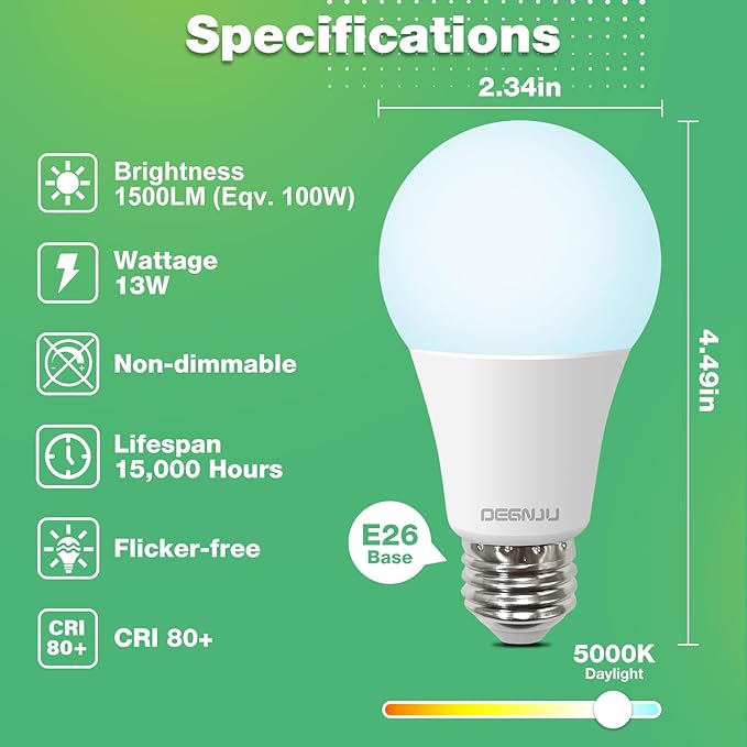 A19 LED Light Bulbs, 100 Watt Equivalent LED Bulbs, Daylight 5000K, 1500 Lumens, Non-Dimmable, 13W Bright White LED Bulbs for Bedroom Living Room Home Office, 3 Pack