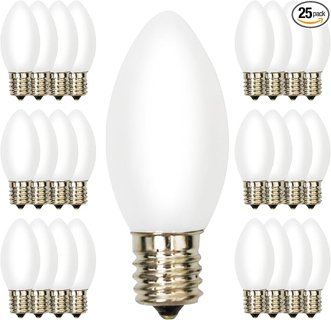 25 Pack White Christmas Light Bulbs,C9/E17 Base 7 Watt Glass Incandescent White Replacement Bulbs for Night Light,Christmas Candle Light Bulbs Great for Outdoor Indoor Holiday Christmas String Lights