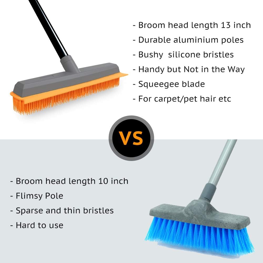 TreeLen Rubber Broom Carpet Rake Pet Hair Remover Broom with Squeegee Extension Push Broom for Carpet Hardwood Floor Tile Windows Cleaning