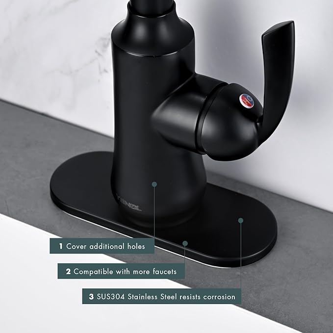 6 Inch Faucet Deck Plate for Bathroom Sink - Universal Fit for 1 Hole or 3 Hole 4 Inch Centerset Basins - Escutcheon Faucet Plate - Stainless Steel Faucet Hole Cover(Matte Black)