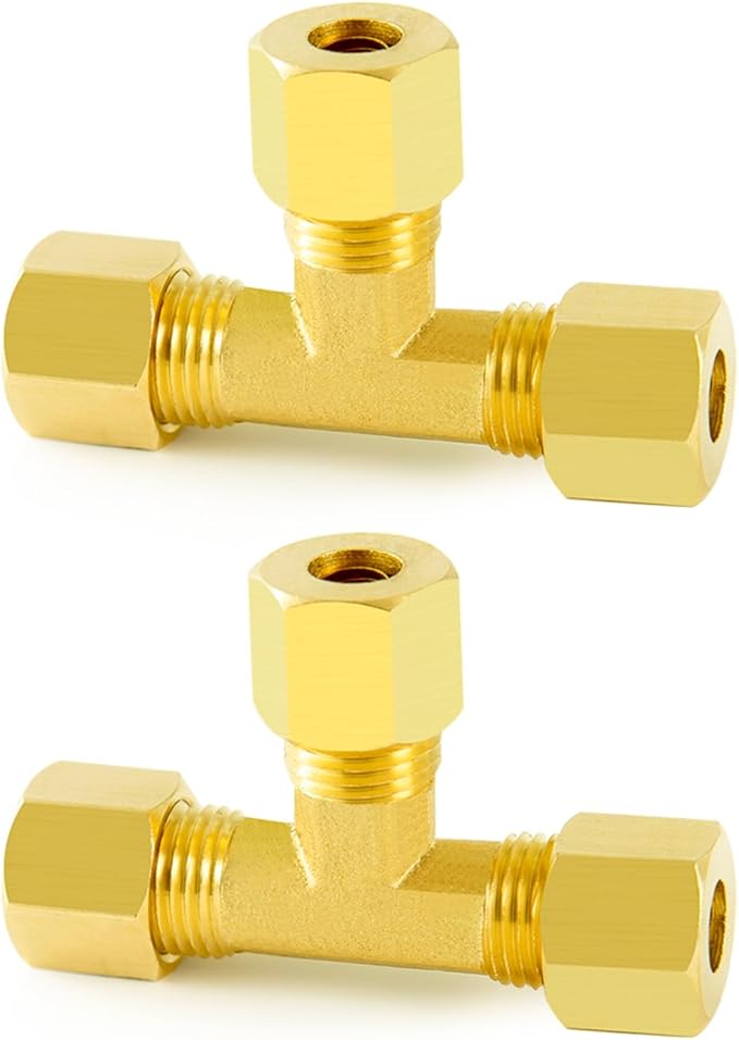 ChillWaves Brass Tee Compression Tube Fitting, 1/2" OD x 1/2" OD x 1/2" OD Compression Union Connector(2-PACK)