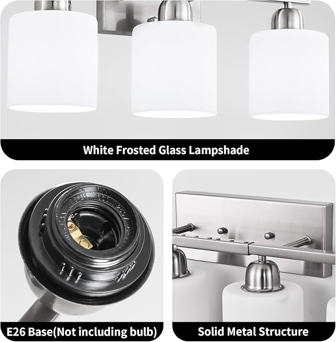 Brushed Nickel Light Fixture Bathroom for Huge Mirror, 8 Light Mirror Lights with Milky White Frosted Glass Shades, 51 inch Bathroom Mirror Lights for Mirrorss, E26 Socket