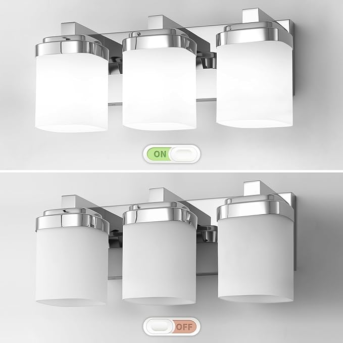 3-Light Chrome Bathroom Light Fixtures, Vanity Lights for Bathroom Mirror Lamp with Milky White Square Glass Shade, E26 Base Modern Wall Sconce Kitchen Light Fixtures Led Vanity