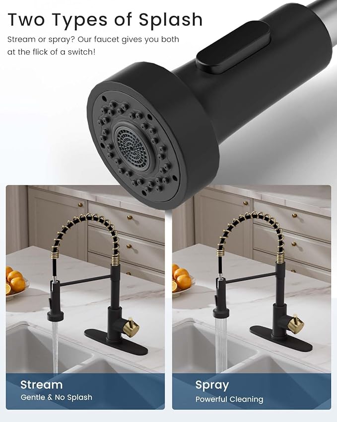 APPASO Black and Gold Kitchen Faucet with Soap Dispenser, Pull Down Kitchen Faucet Commercial Single Handle High Arc Tap for Sink, Farmhouses, RV, Laundry Room, Outdoor