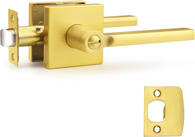 Probrico Gold Privacy Door Handle Lockset Heavy Duty Square Satin Brass Interior Door Lever for Bedroom or Bathroom Reversible Keyless Handleset Door Knob Slim Handed Levers, 1 Pack