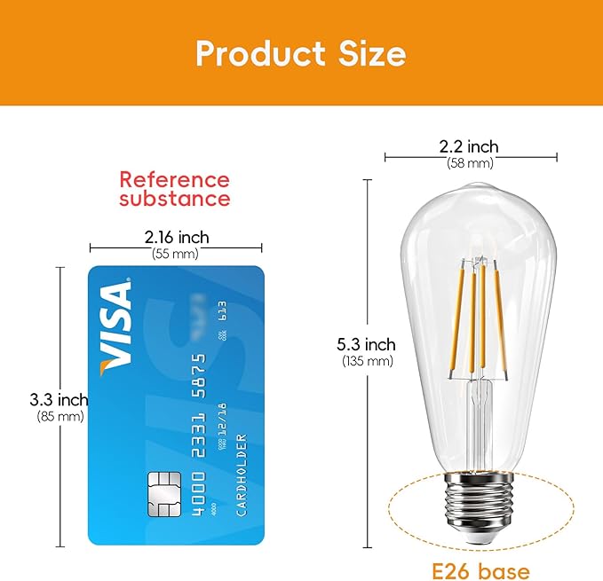Jensense Edison LED Light Bulbs 8Watt Dimmable, 2700K Warm White, E26 Base, 60watt Equivalent, Vintage Bulbs 800lm CRI 90 Clear Glass, 48 Pack
