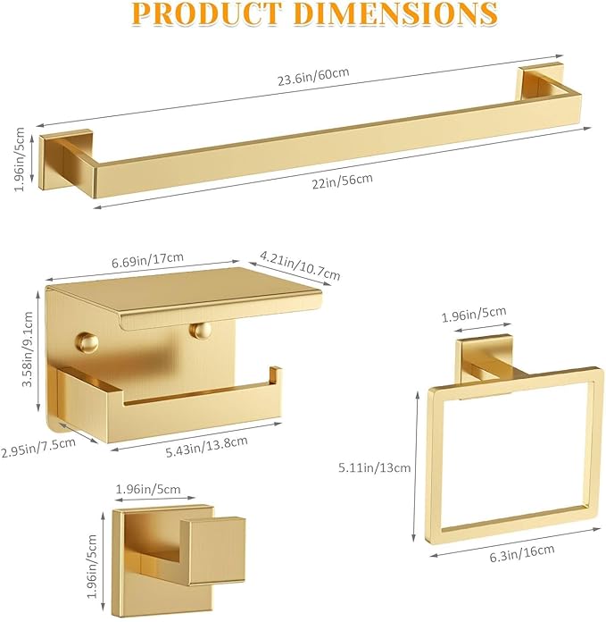 Brushed Gold Towel Bar Set 5 Pieces Bathroom Hardware Accessories Set,Upgraded Toilet Paper Holder with Shelf,Stainless Steel Towel Holder Set for Bathroom,Wall-Mounted 23.6 in