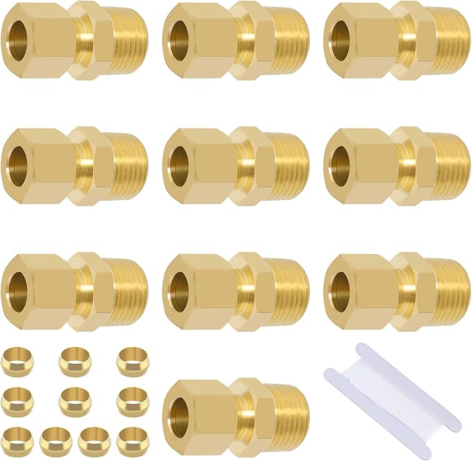Brass Compression Tube Fitting, Straight Coupling Adapter, 10 PCS 3/8" OD x 3/8" NPT Male Compression Union Connector & 10 PCS Compression Sleeves Ferrules