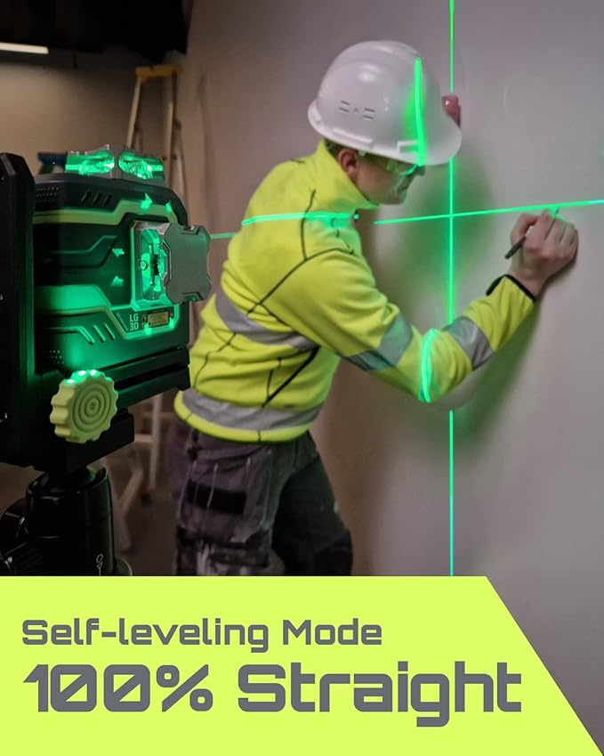 LasGoo LG-3D Laser Level Self Leveling 3x360°, 3D Green Beam Cross Line Laser for Construction and Picture Hanging, 2 Rechargeable Batteries (20 Hrs), Magnetic Liftable Stand Included, Green