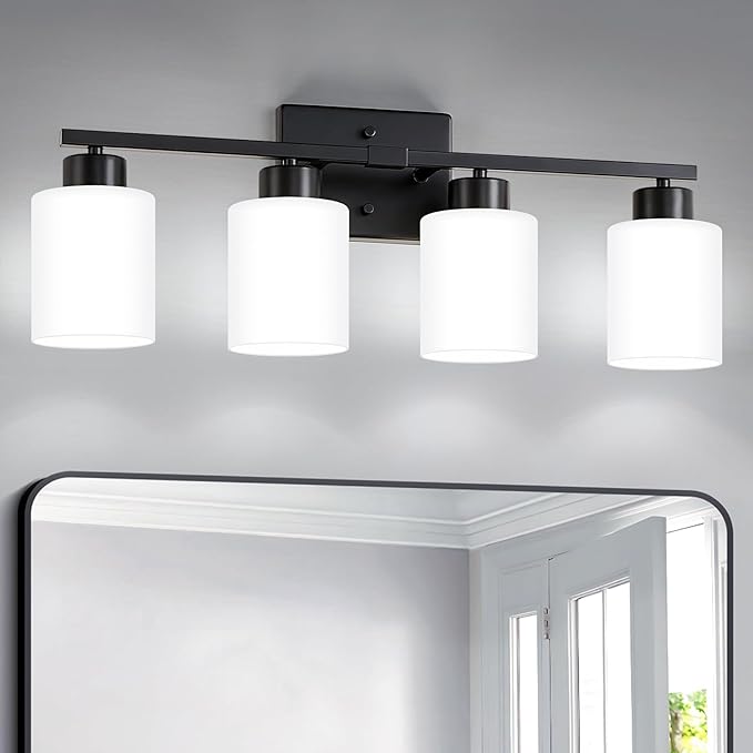 Black Bathroom Light Fixtures, 4-Light Modern Vanity Light Over Mirror, Wall Sconces with Milky White Frosted Glass Shades, E26 Socket (Bulbs Not Included)