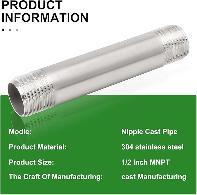 TAISHER 2PCS Stainless Steel Pipe Fittings, 1/2" NPT x 1/2" NPT Male Threaded, 4" Length Nipple Cast Pipe