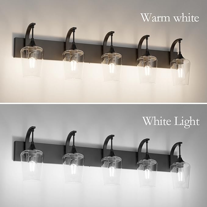 Ralbay Matte Black Bathroom Light Fixtures 5-Lights Industrial Black Vanity Lights Clear Glass Vintage Edison Matte Black Wall Mount Light Fixture for Bathroom
