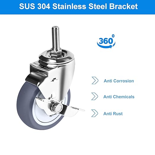 Stainless Steel Caster Wheels 4 inch, 3/8"-16x1 Threaded Stem Casters Set of 4 with Side Brake, Non-Marking Slient TPR Rubber Wheels for Furnitures,Restaurants,Labs,Hospital