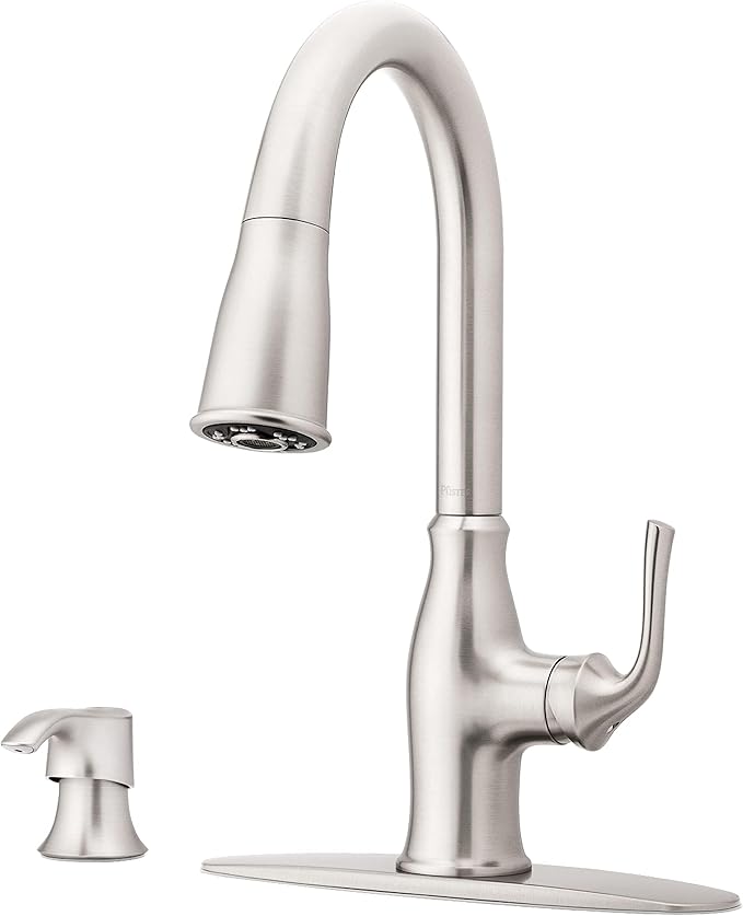 Pfister Rosslyn Kitchen Faucet with Pull Down Sprayer and Soap Dispenser, Single Handle, High Arc, NSF Certified, Spot Defense Stainless Steel Finish, F5297RSSRGS