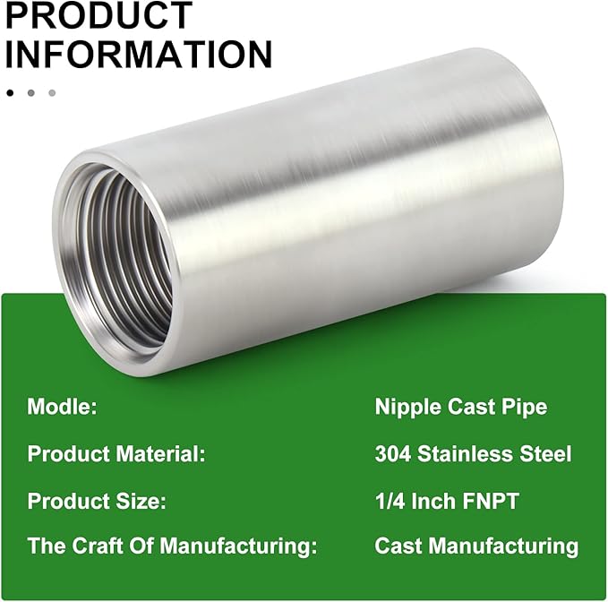 TAISHER 2PCS Stainless Steel Pipe Fittings, 1/4" NPT x 1/4" NPT Female Threaded, 2" Length Nipple Cast Pipe