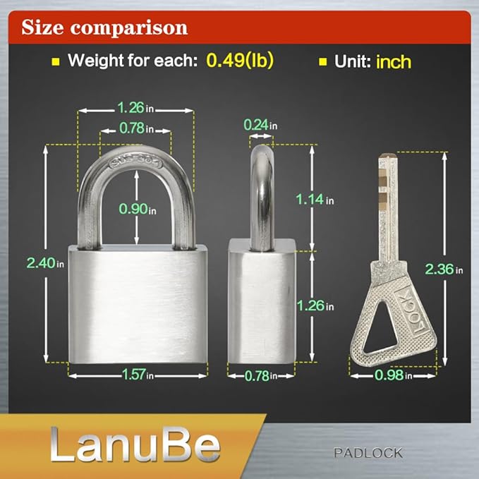 LanuBe 304 Stainless Steel keyed Alike Marine Small Padlocks for Outdoor use, 1-9/16 inch Wide Body, Stainless Steel Body, Normal Shackle, Pack of 2