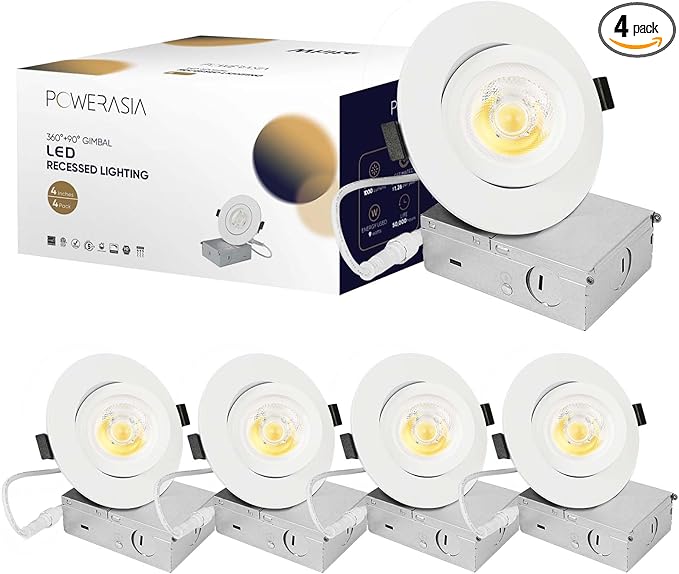 4 Pack 4 Inch Gimbal LED Recessed Lighting with Junction Box, 5CCT 2700K-6000K Selectable, 360°+90° Adjustable Directional Eyeball Light, 9W 1000LM Slim Canless Downlight - ETL and Energy Star