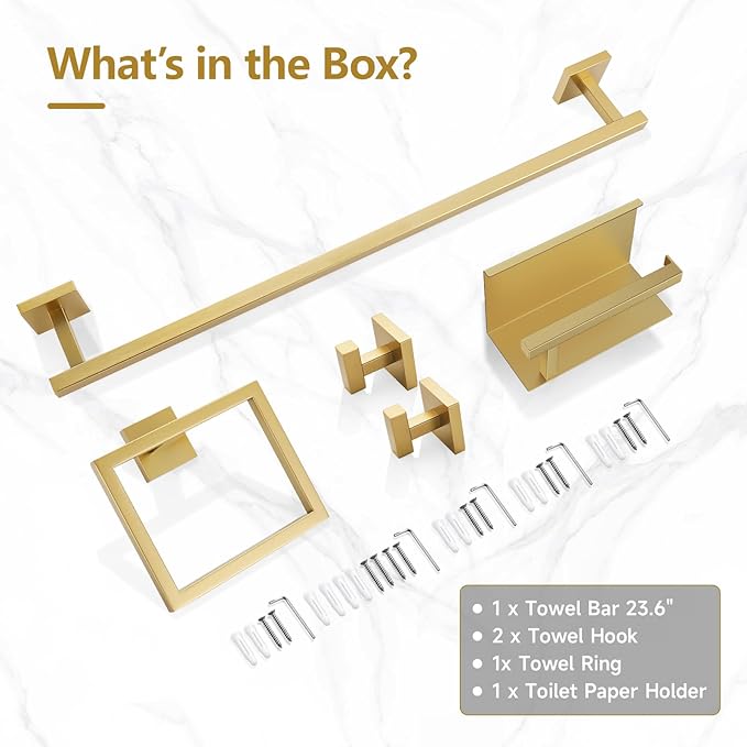 TQKAG 5-Pieces Brushed Gold Bathroom Hardware Accessories Set 23.6" SUS304 Stainless Steel Towel Bar Set Wall Mounted Square Toilet Paper Holder with Shelf