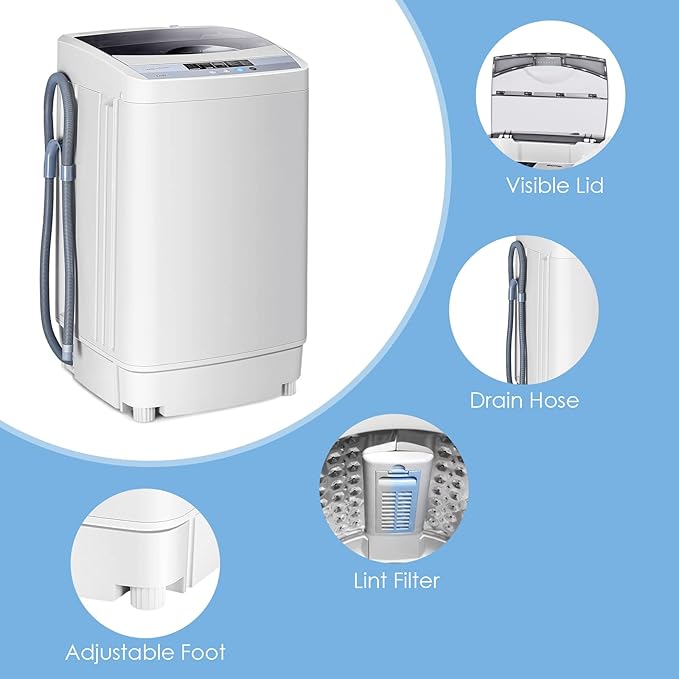 Casart-24403-EP Casart Washing Machine Portable Compact 12lbs Capacity Full-Automatic W/Drain Pump,10 Programs 8 Water Level 1.34 Cu.ft Cloth Washer and Spinner, Gray