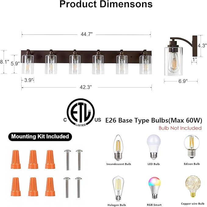 6-Light Bathroom Light Fixtures Modern ORB Vanity Lights for Bathroom Lighting Fixtures Over Mirror with Clear Glass Shade for Cabinet Mirror Bedroom Hallway