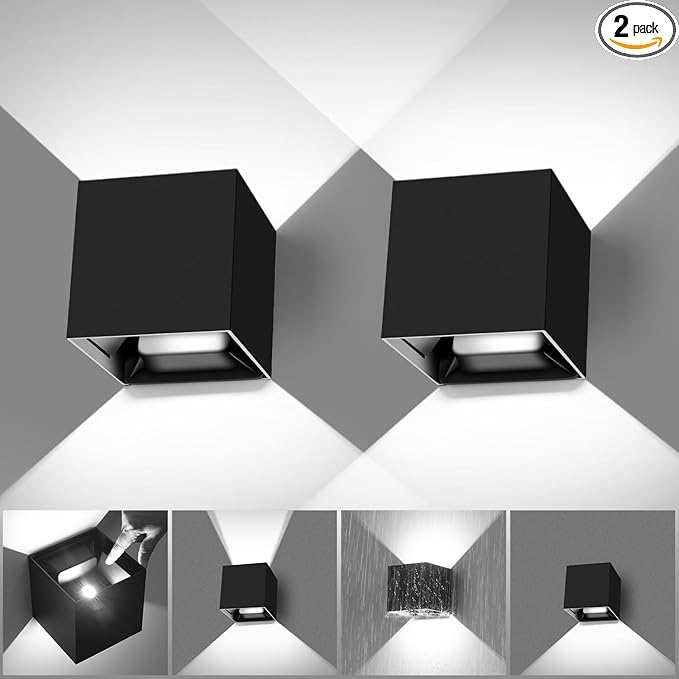 BIRTALO 20 Watt LED Up and Down Outdoor Wall Lights Adjustable 6500K Modern Wall Sconce Square Waterproof Black Aluminum Exterior/Interior Porch Lighting for Living Room,Gardens,Stairs,2 Pack