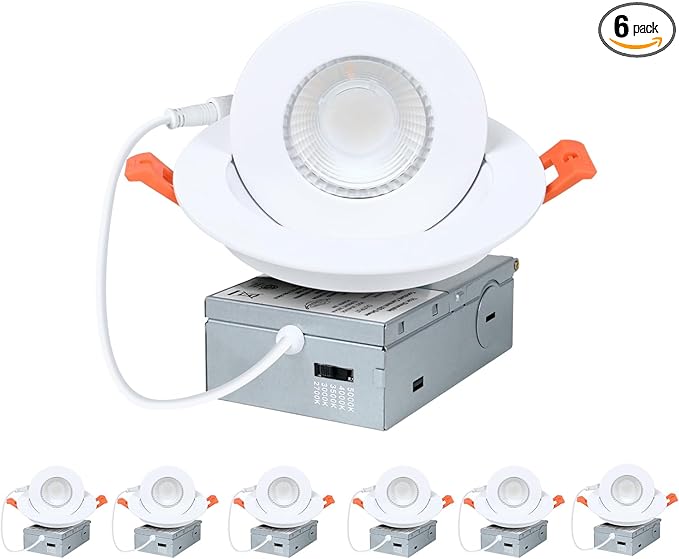 ZYC Gimbal LED Recessed Lighting - 4 Inch 5CCT 9W 360° Rotation Adjustable Eyeball Light,LED Swivel Spotlight,Directional Sloped Ceiling Light,Dimmable Canless Wafer Downlight Pack of 6 White.